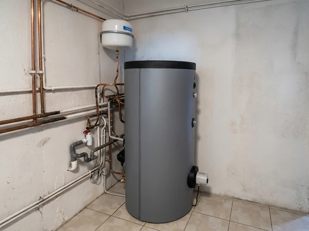 Un plombier en combinaison bleue installe un radiateur à ailettes blanches dans un local technique