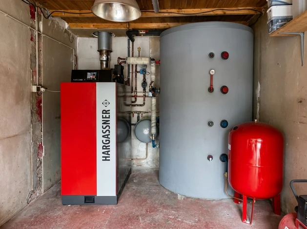 Le plombier s'attache à la chaudière à gaz de tuyau à l'aide d'une clé réglable