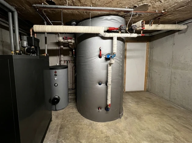 Scène extérieure d'une usine de biomasse avec d'importants tas de copeaux de bois stockés devant les installations industrielles sous un ciel bleu nuageux