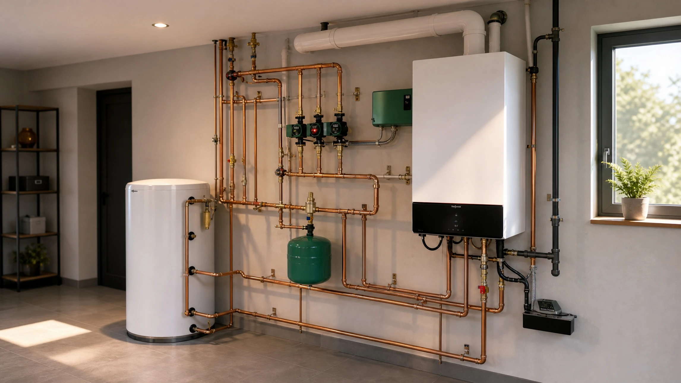 Le plombier s'attache à la chaudière à gaz de tuyau à l'aide d'une clé réglable