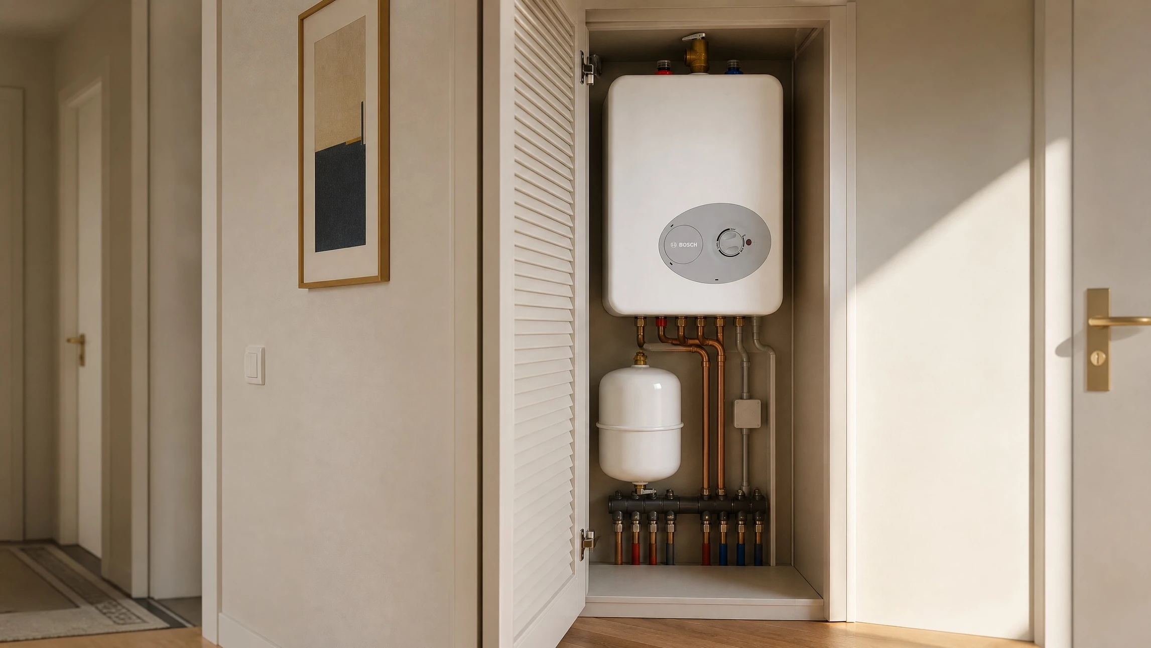 Photo réelle d'une chaudière électrique moderne installée dans une chaufferie ou une buanderie d'un intérieur résidentiel, bien éclairée, montrant l'équipement dans son environnement d'installation. L'image doit mettre en avant le produit comme solution de chauffage central fiable et moderne pour les habitations.