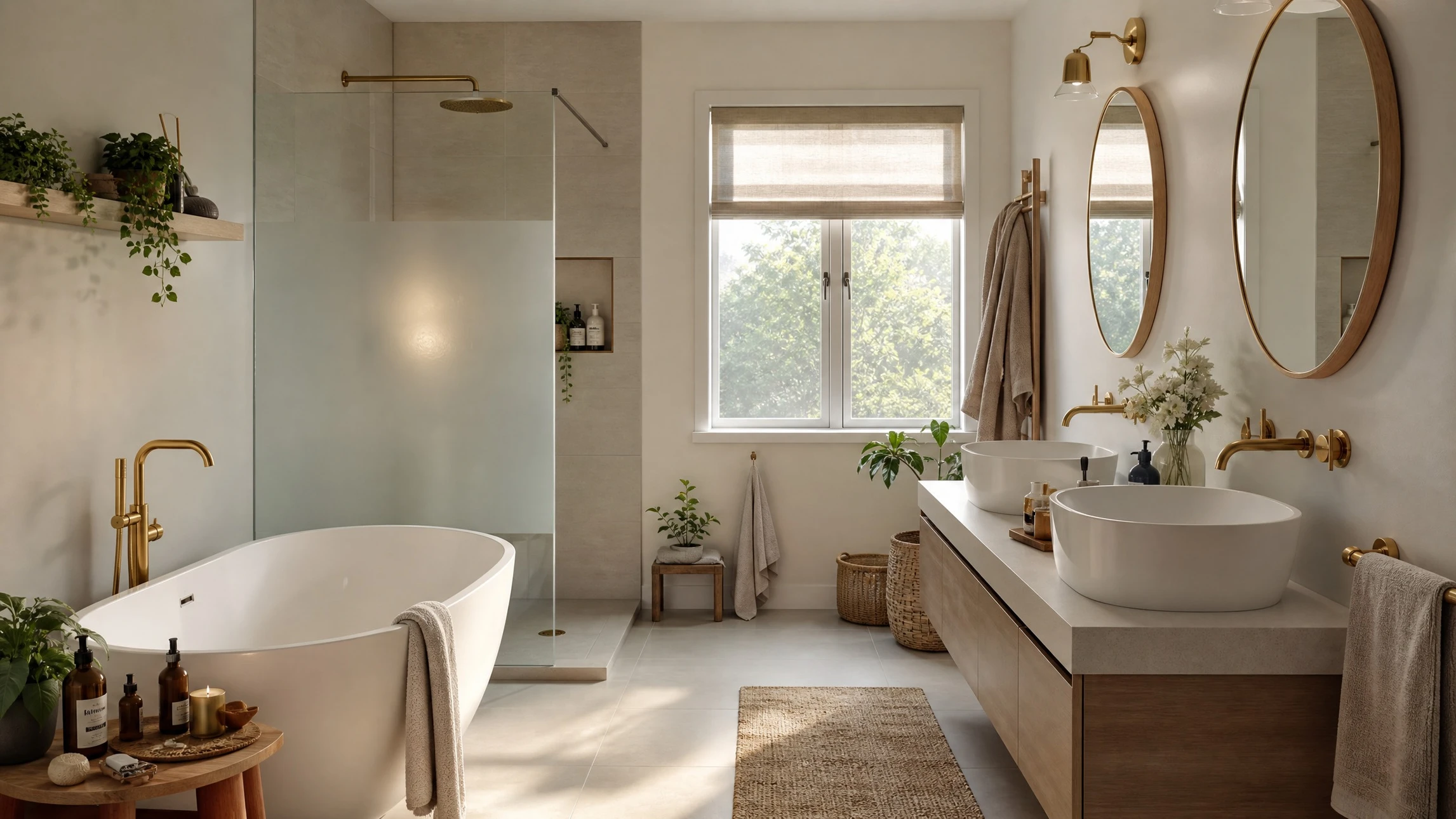 Salle de bain moderne avec douche à l'italienne, WC suspendu blanc et meuble vasque en bois clair
